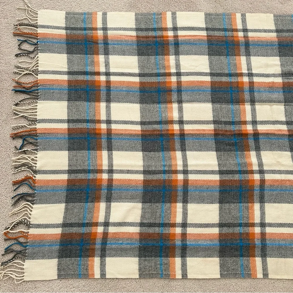 Oversized Fall Plaid Cozy Heavyweight Blanket Scarf - Cream Orange Blue Grey